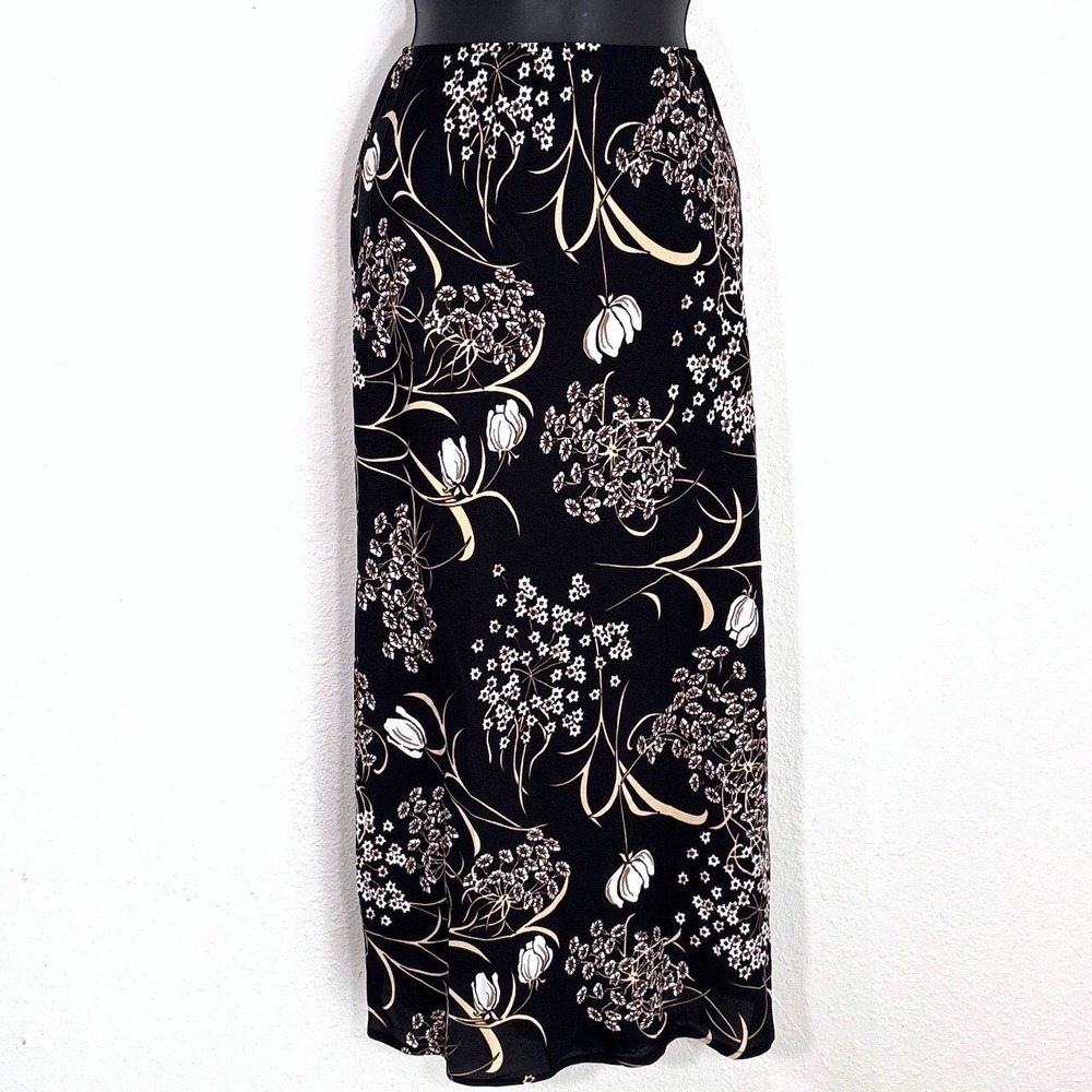 VTG Black Floral Maxi Skirt Size 14 Elastic Waist Dark Fairy Moody‎ Artsy Witchy